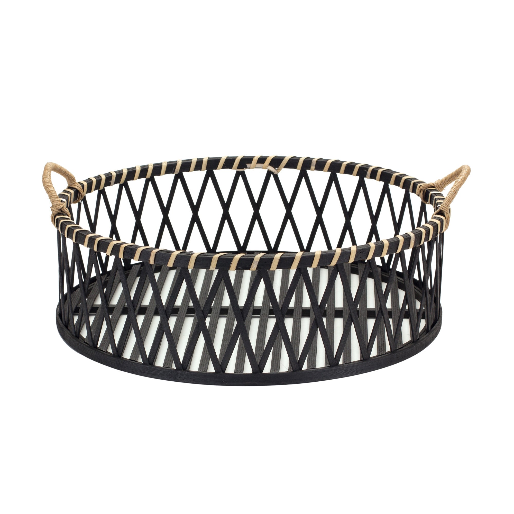 Set of Two Black and Tan Round Bamboo Serving Tray With Handles-1
