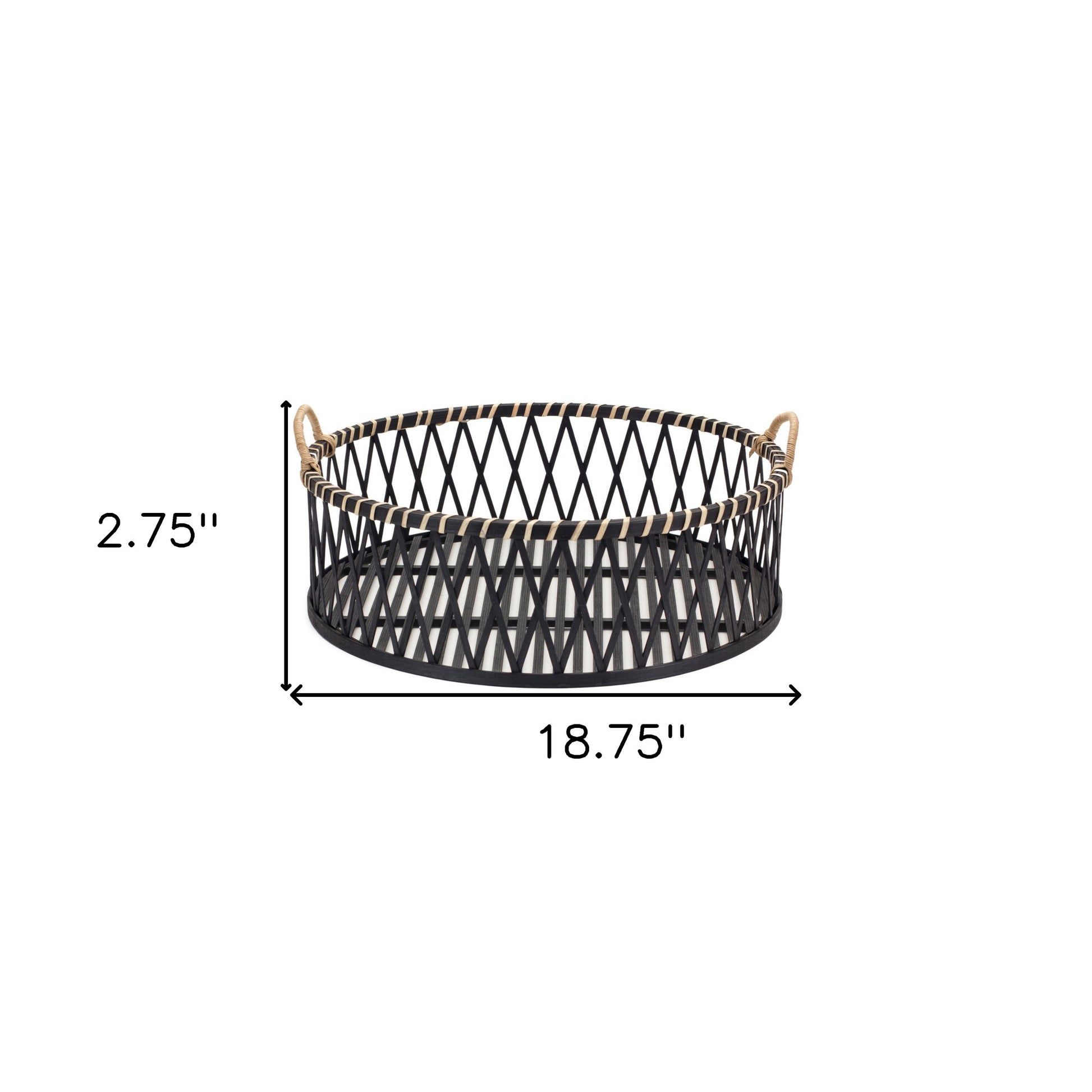 Set of Two Black and Tan Round Bamboo Serving Tray With Handles-4