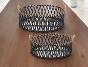 Set of Two Black and Tan Round Bamboo Serving Tray With Handles-0
