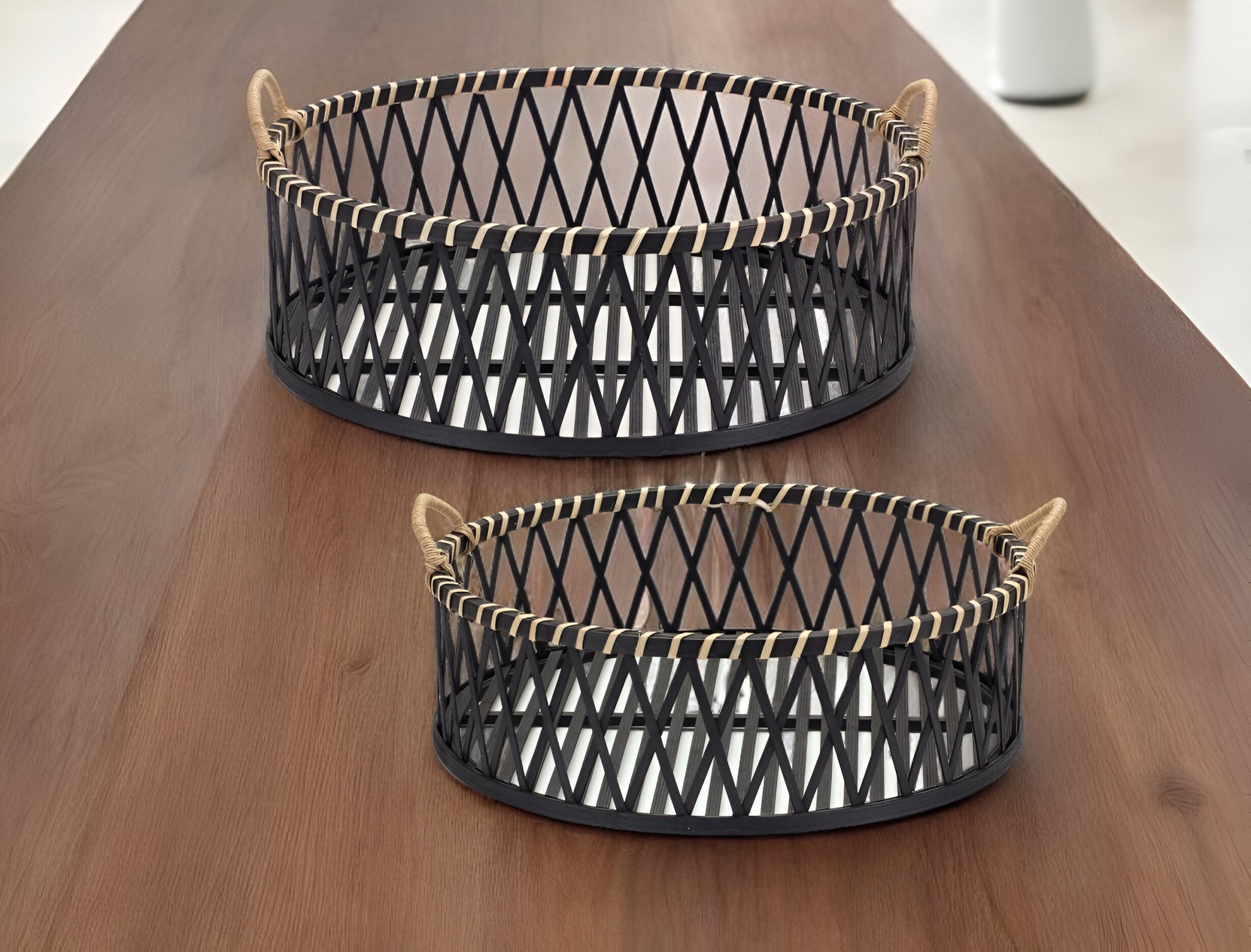 Set of Two Black and Tan Round Bamboo Serving Tray With Handles-0