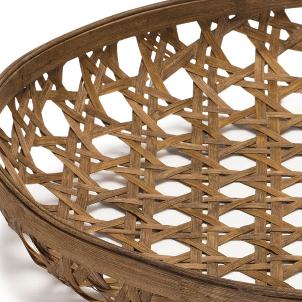 26" Brown Bamboo Weave Round Wood Vanity Tray-2