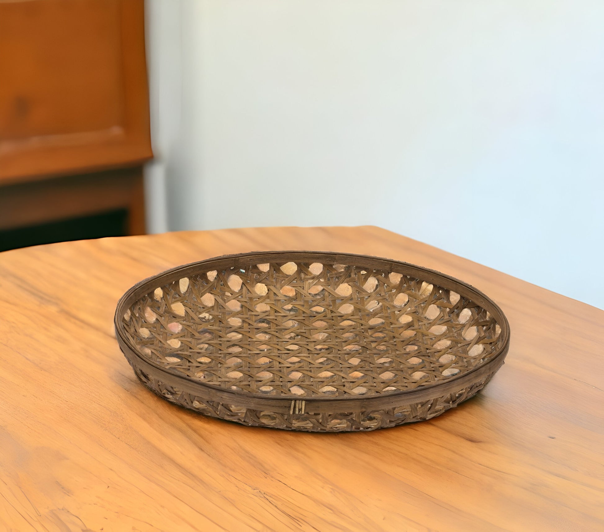 26" Brown Bamboo Weave Round Wood Vanity Tray-0