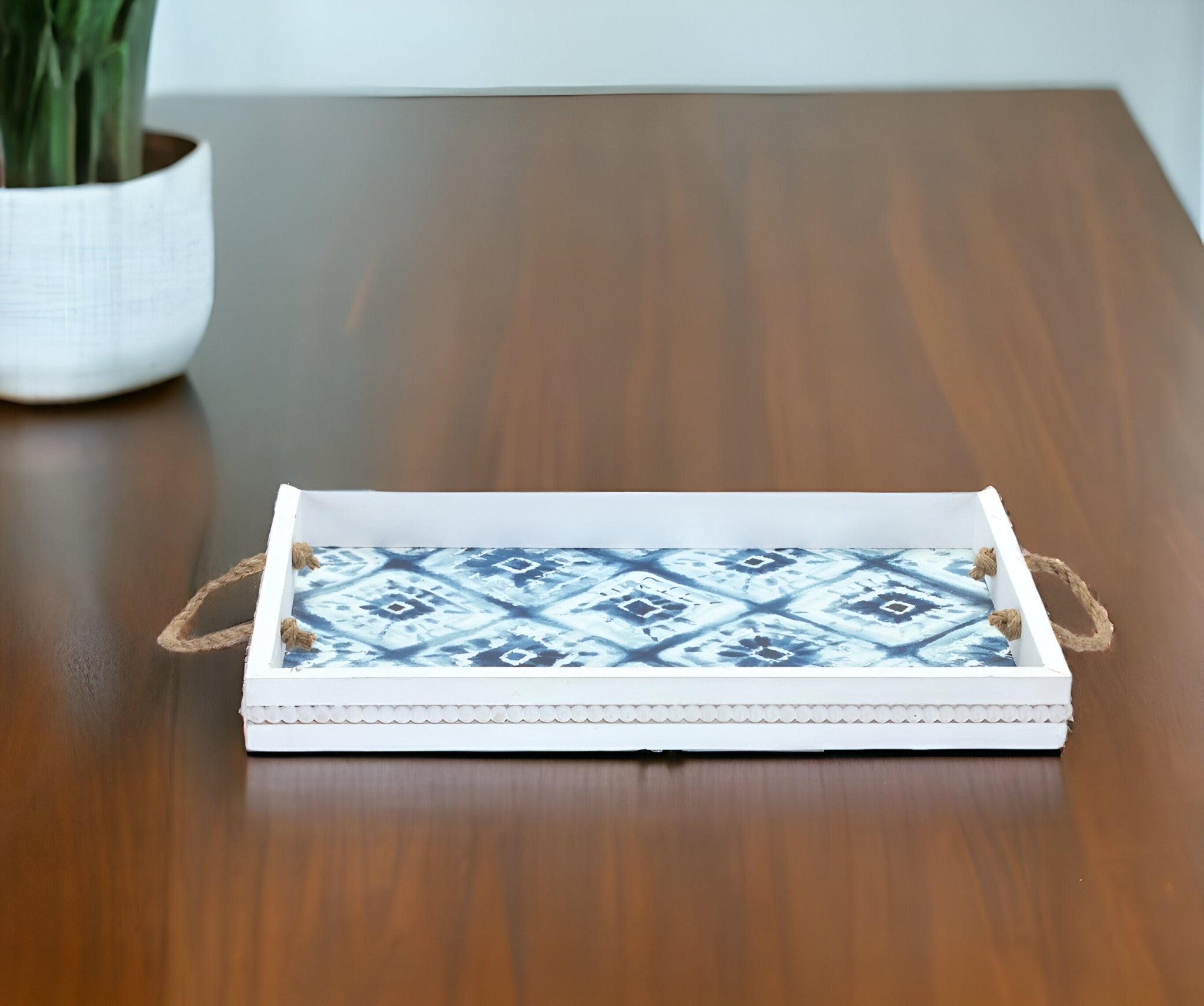 Set of Two White Rectangular Solid Wood Vanity Tray With Handles-0