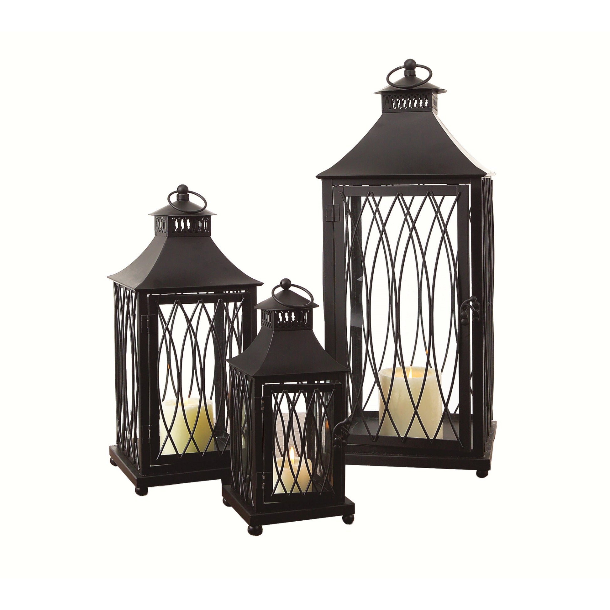 Set of Three Black Geometric Glass And Metal Floor Lantern Candle Holders-Candle Holders-DECOROLALA