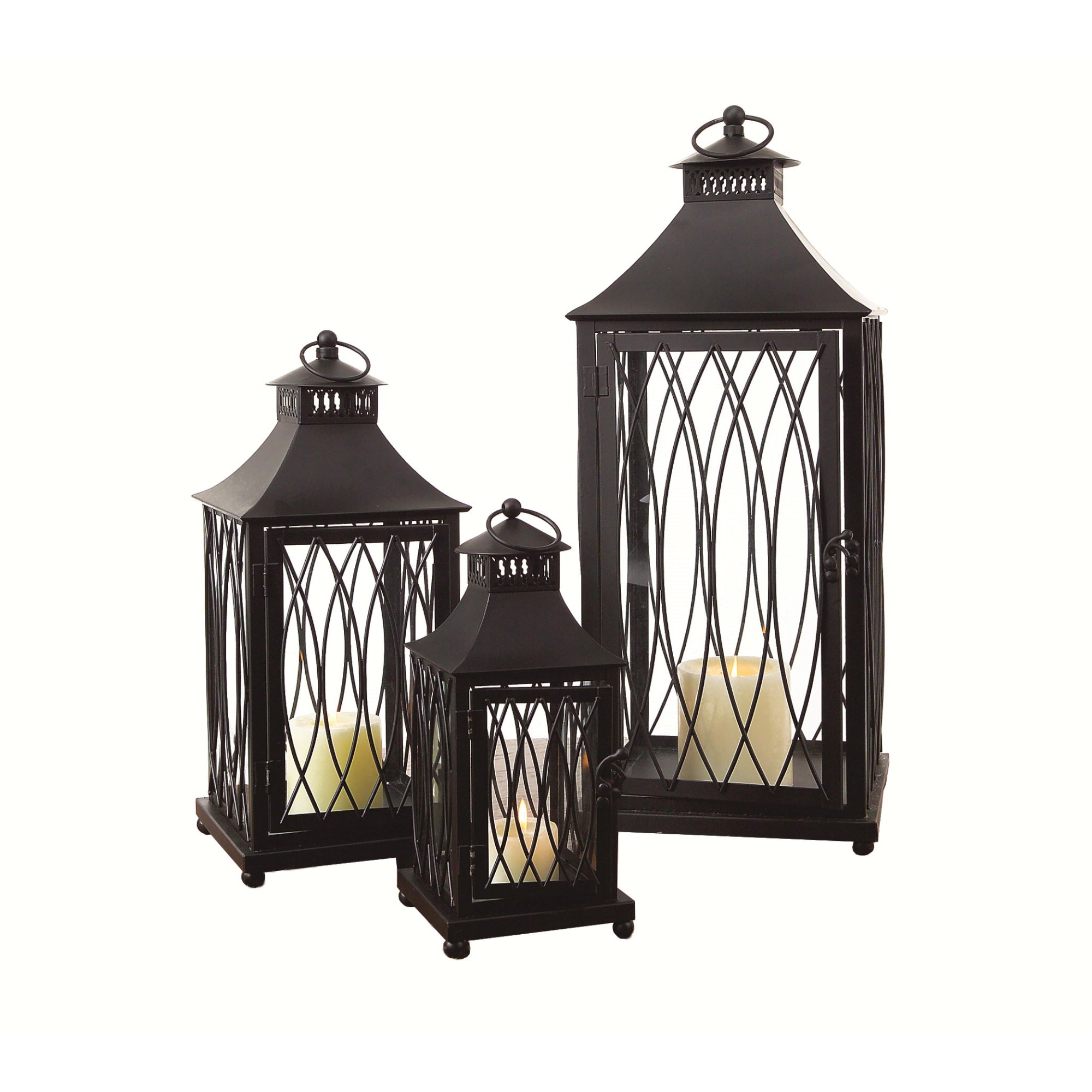 Set of Three Black Geometric Glass And Metal Floor Lantern Candle Holders-Candle Holders-DECOROLALA