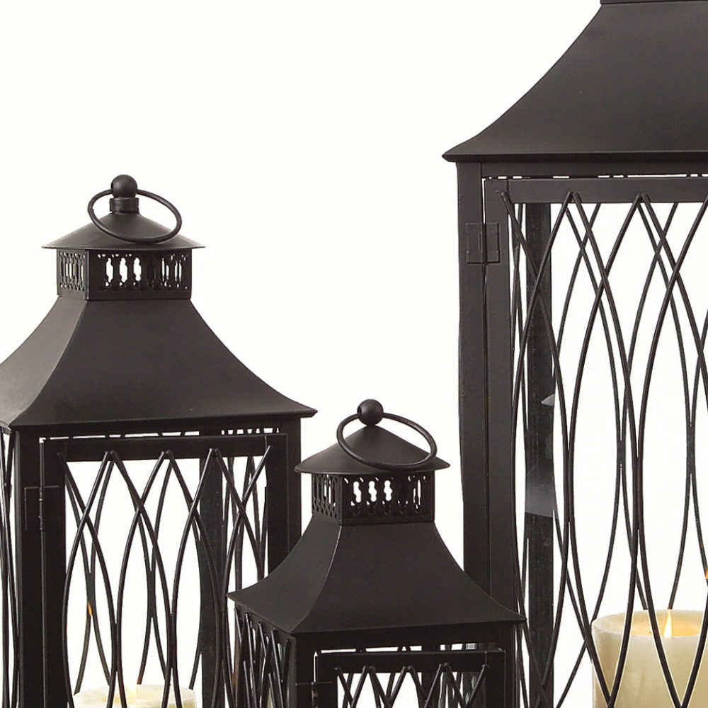 Set of Three Black Geometric Glass And Metal Floor Lantern Candle Holders-Candle Holders-DECOROLALA