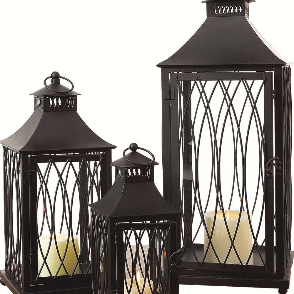 Set of Three Black Geometric Glass And Metal Floor Lantern Candle Holders-Candle Holders-DECOROLALA