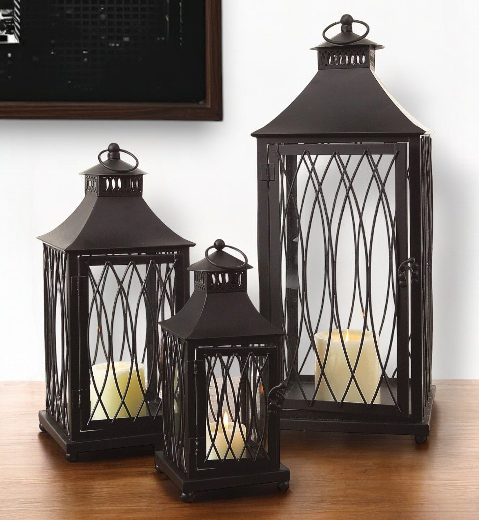 Set of Three Black Geometric Glass And Metal Floor Lantern Candle Holders-Candle Holders-DECOROLALA