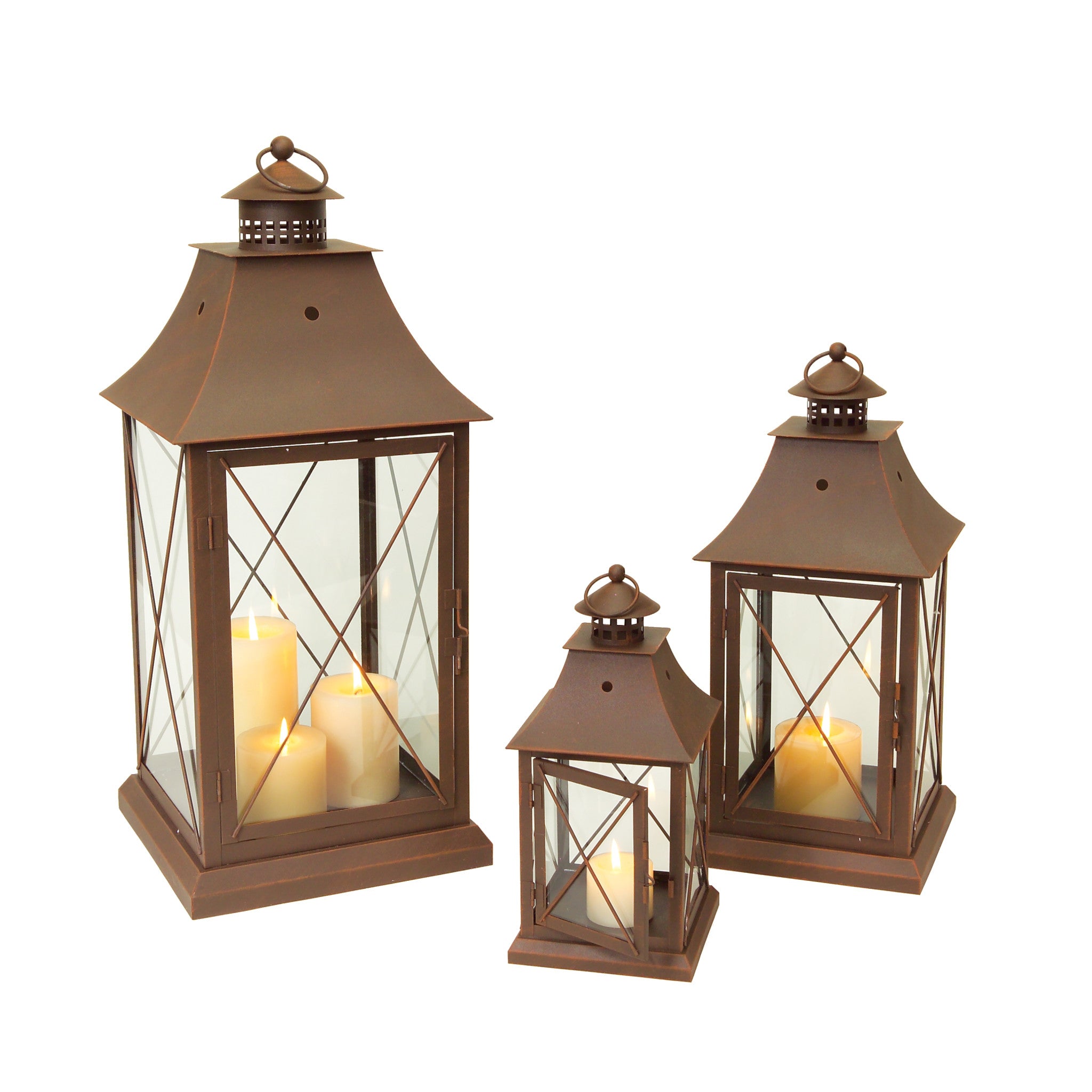 Set of Three Brown Lattice Glass And Metal Floor Lantern Candle Holders-Candle Holders-DECOROLALA