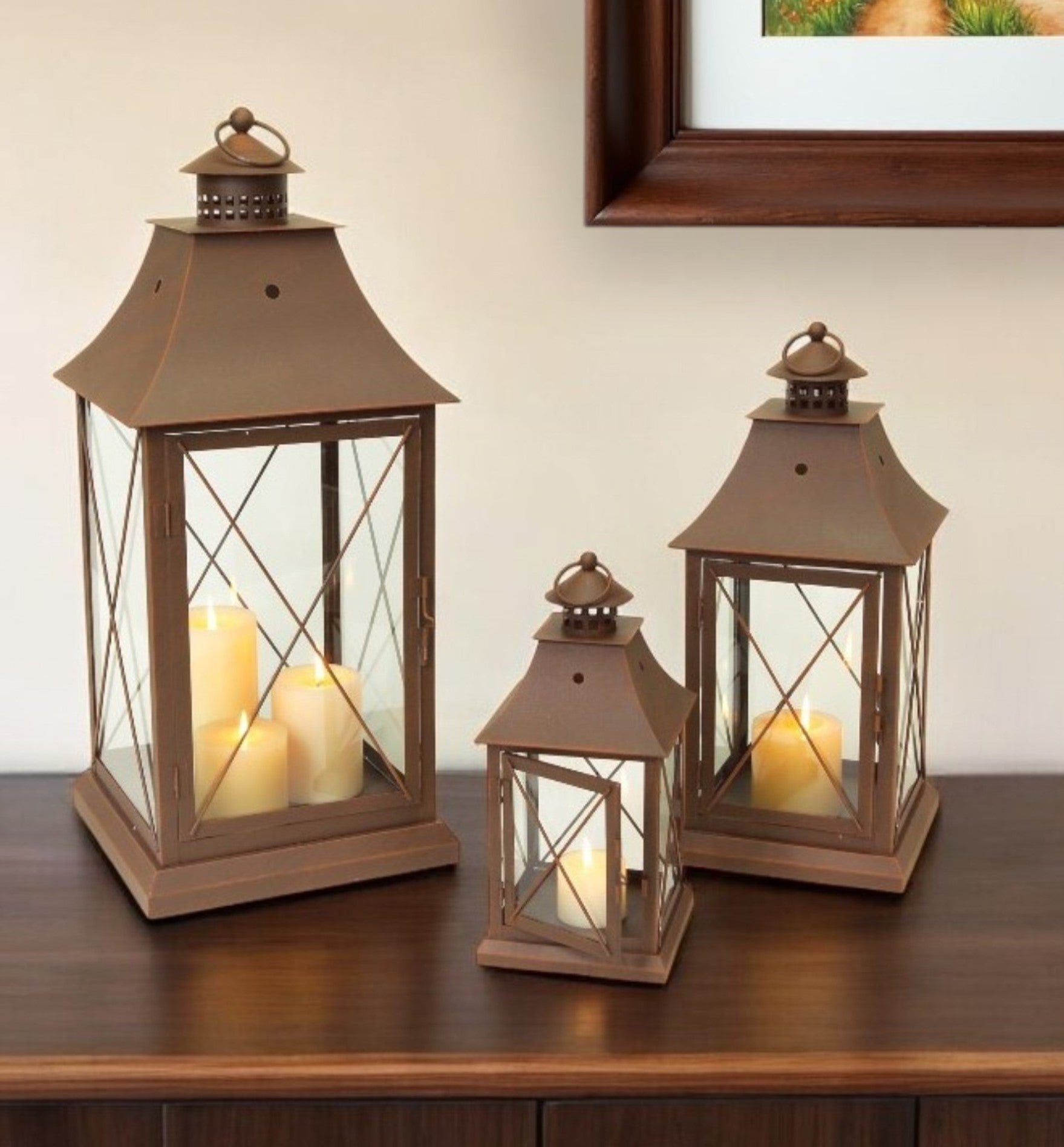Set of Three Brown Lattice Glass And Metal Floor Lantern Candle Holders-Candle Holders-DECOROLALA