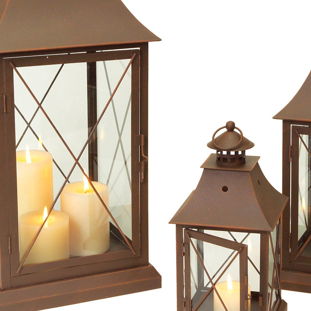 Set of Three Brown Lattice Glass And Metal Floor Lantern Candle Holders-Candle Holders-DECOROLALA