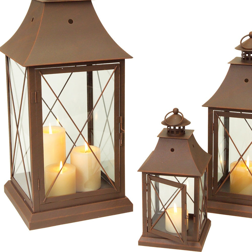 Set of Three Brown Lattice Glass And Metal Floor Lantern Candle Holders-Candle Holders-DECOROLALA