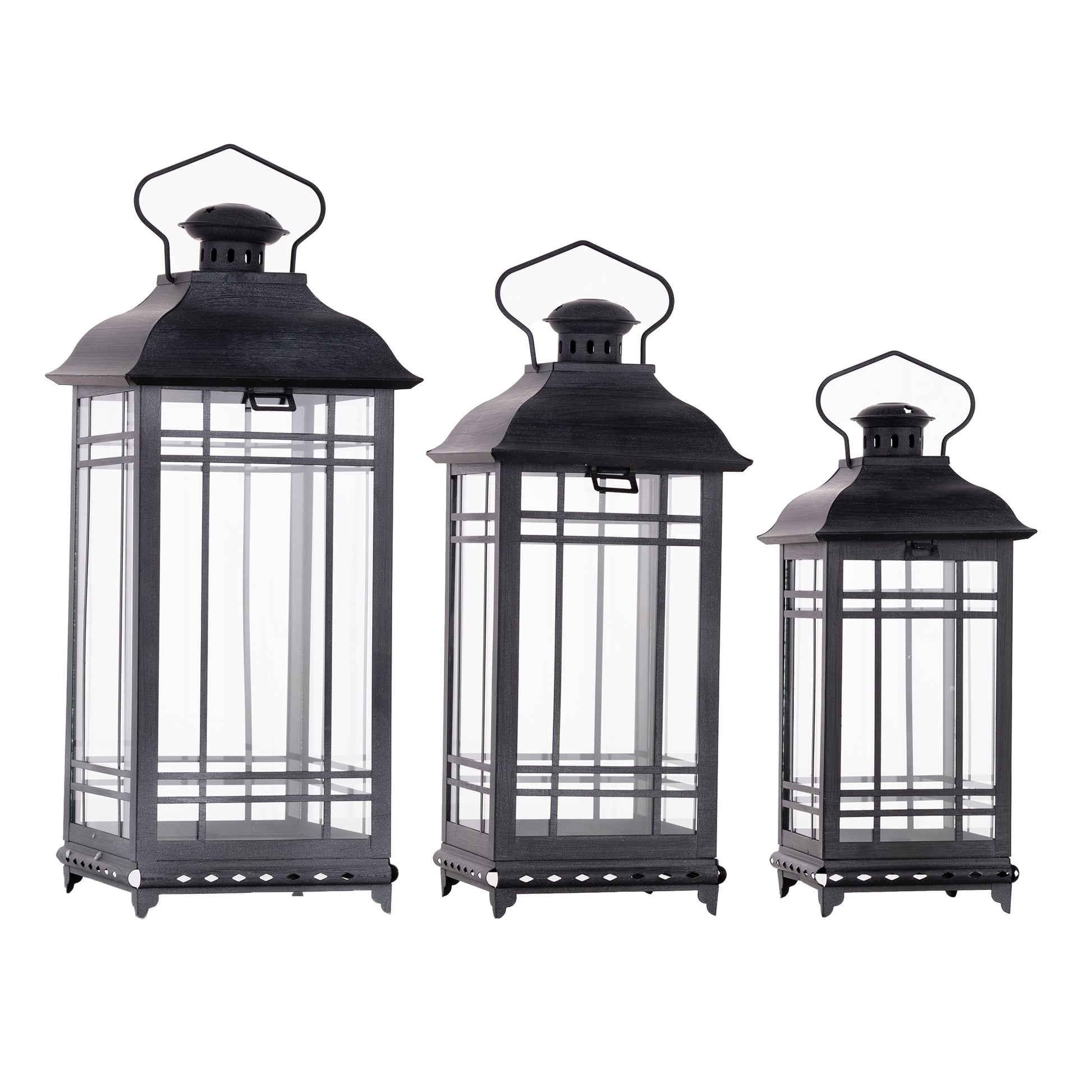 Set of Three Gray Distressed Geometric Glass And Metal Floor Lantern Candle Holders-Candle Holders-DECOROLALA