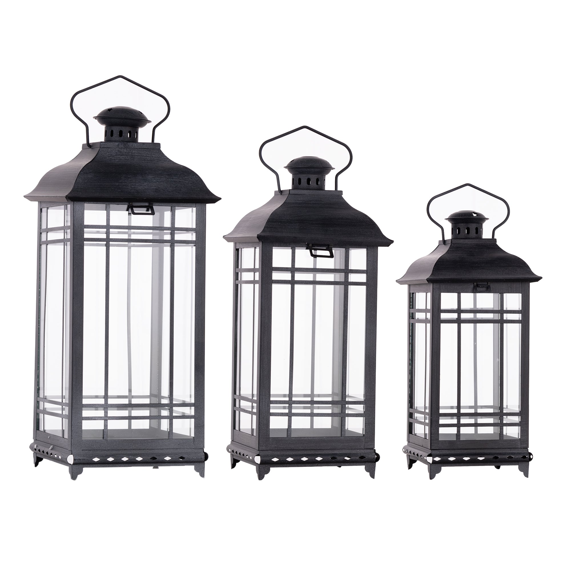 Set of Three Gray Distressed Geometric Glass And Metal Floor Lantern Candle Holders-Candle Holders-DECOROLALA