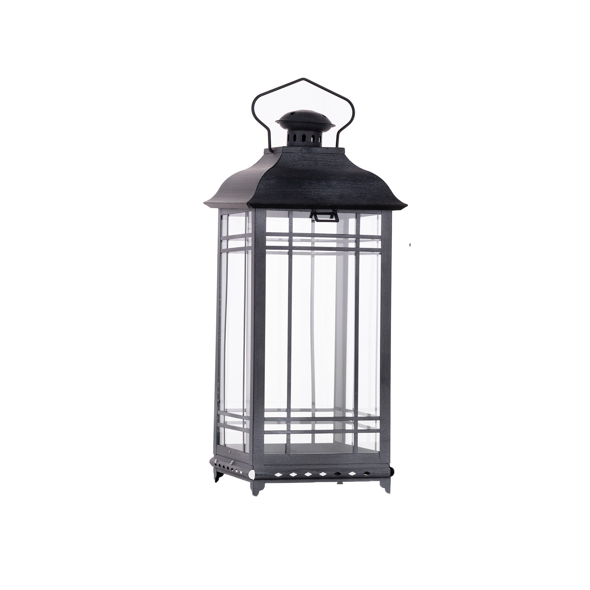 Set of Three Gray Distressed Geometric Glass And Metal Floor Lantern Candle Holders-Candle Holders-DECOROLALA