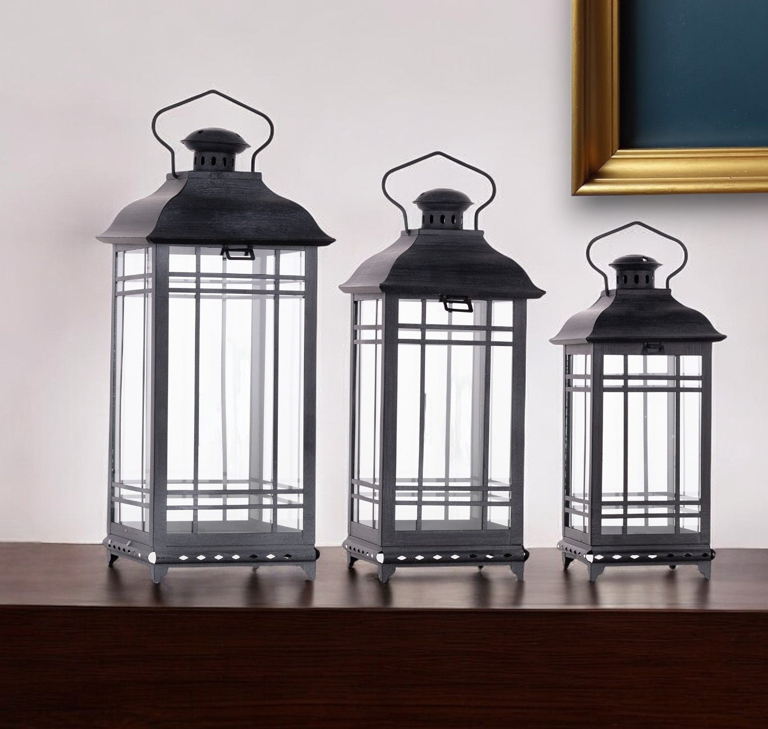 Set of Three Gray Distressed Geometric Glass And Metal Floor Lantern Candle Holders-Candle Holders-DECOROLALA