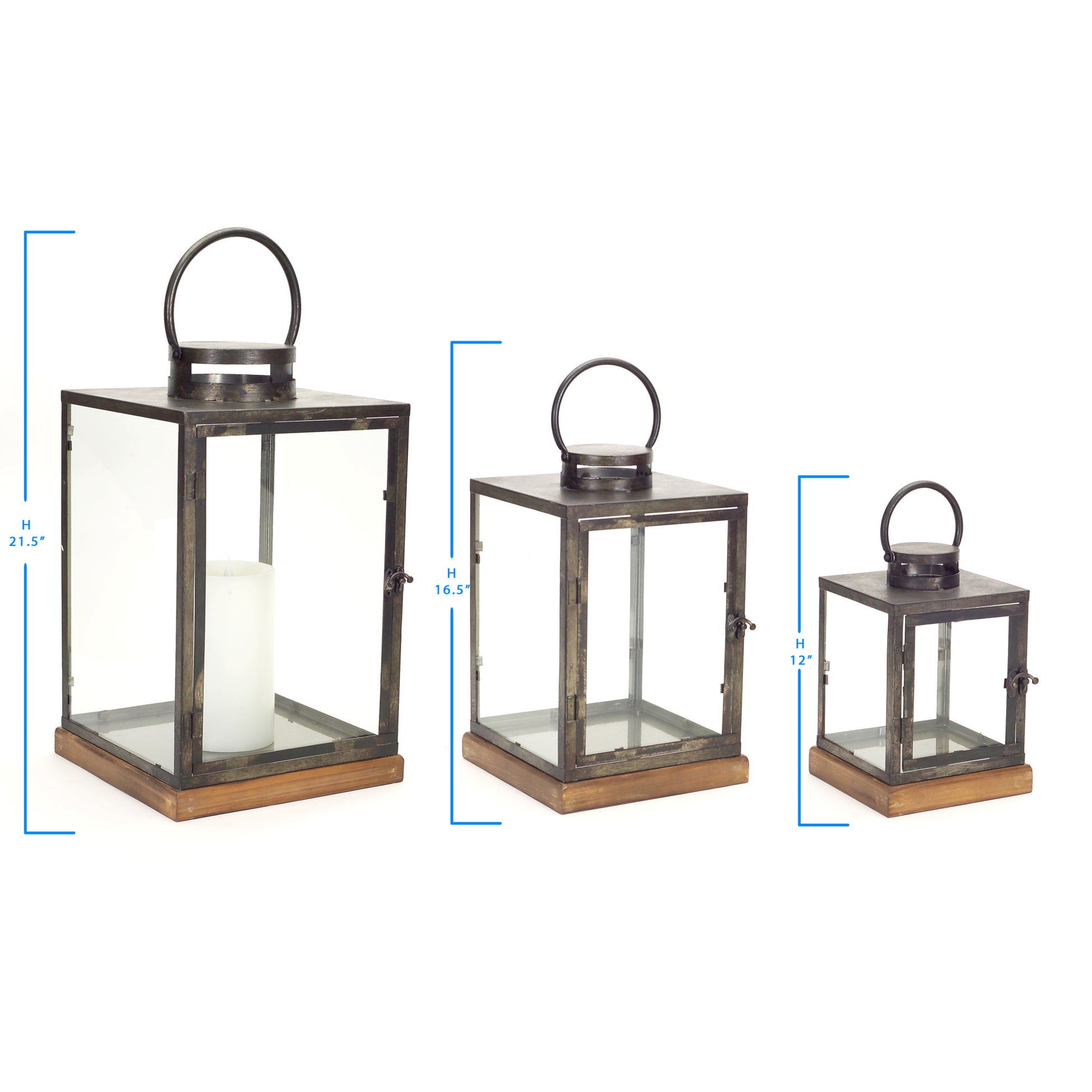 Set of Three Gray And Brown Distressed Geometric Glass Metal And Wood Floor Lantern Candle Holders-Candle Holders-DECOROLALA