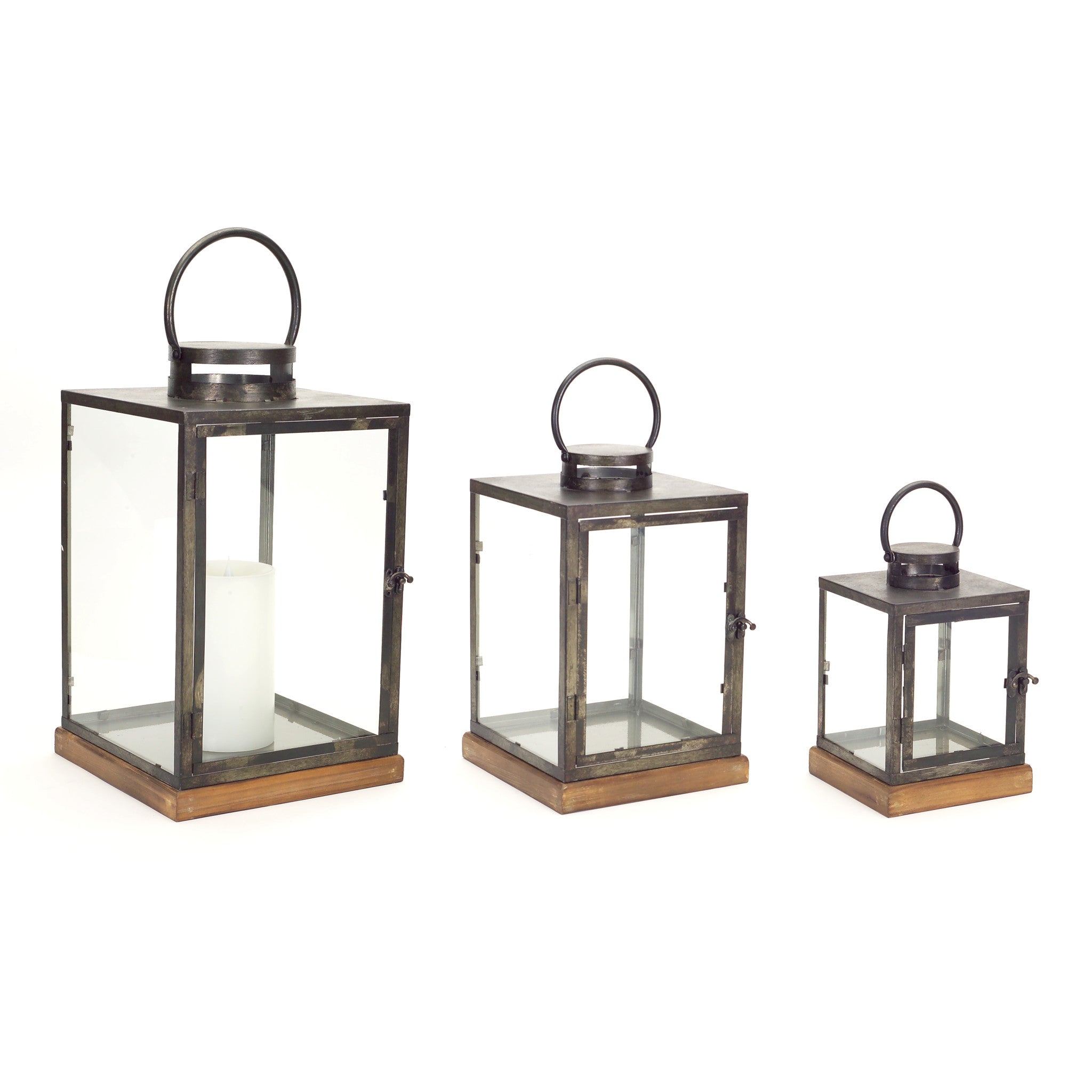Set of Three Gray And Brown Distressed Geometric Glass Metal And Wood Floor Lantern Candle Holders-Candle Holders-DECOROLALA