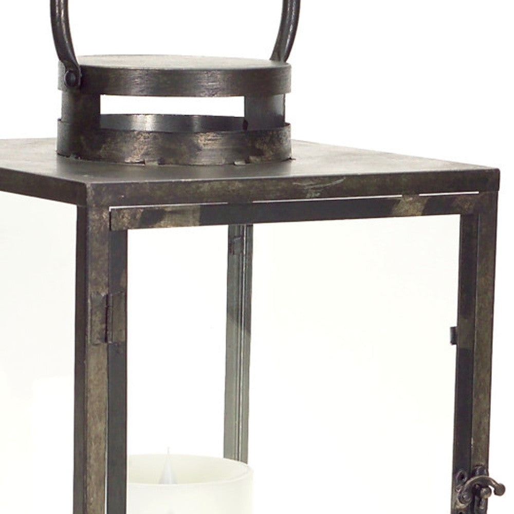 Set of Three Gray And Brown Distressed Geometric Glass Metal And Wood Floor Lantern Candle Holders-Candle Holders-DECOROLALA