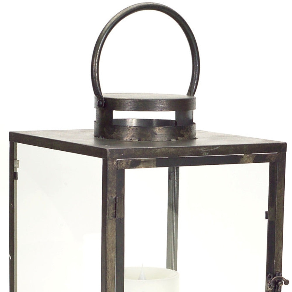 Set of Three Gray And Brown Distressed Geometric Glass Metal And Wood Floor Lantern Candle Holders-Candle Holders-DECOROLALA
