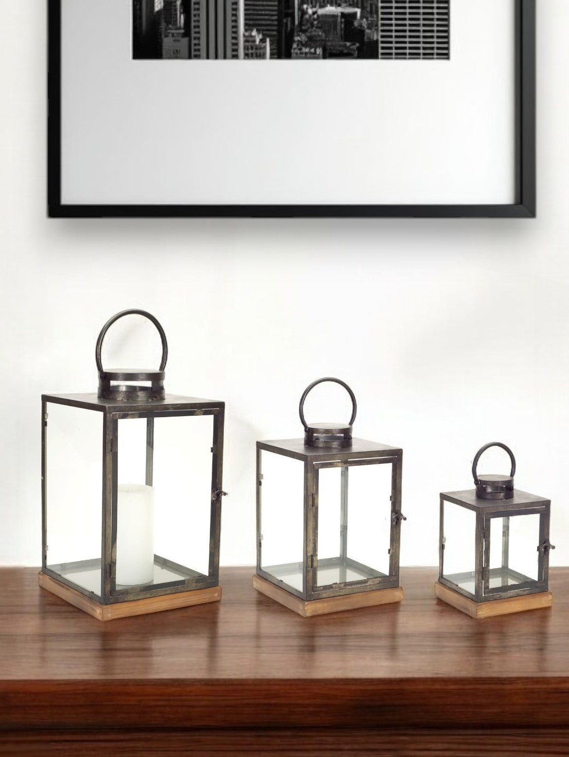 Set of Three Gray And Brown Distressed Geometric Glass Metal And Wood Floor Lantern Candle Holders-Candle Holders-DECOROLALA
