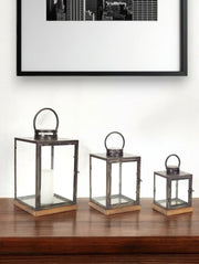 Set of Three Gray And Brown Distressed Geometric Glass Metal And Wood Floor Lantern Candle Holders-Candle Holders-DECOROLALA