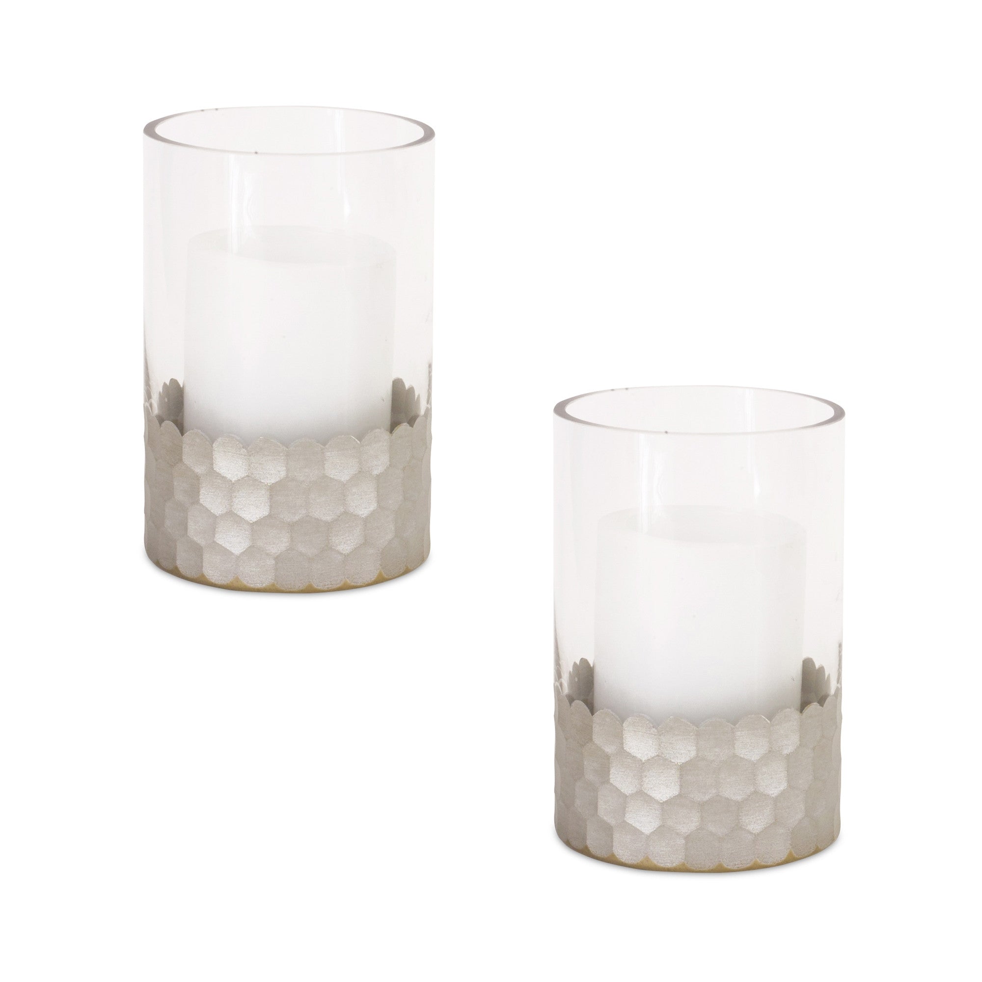 Set of Two Clear and Silver Glass Geometric Tabletop Pillar Candle Holders-Candle Holders-DECOROLALA