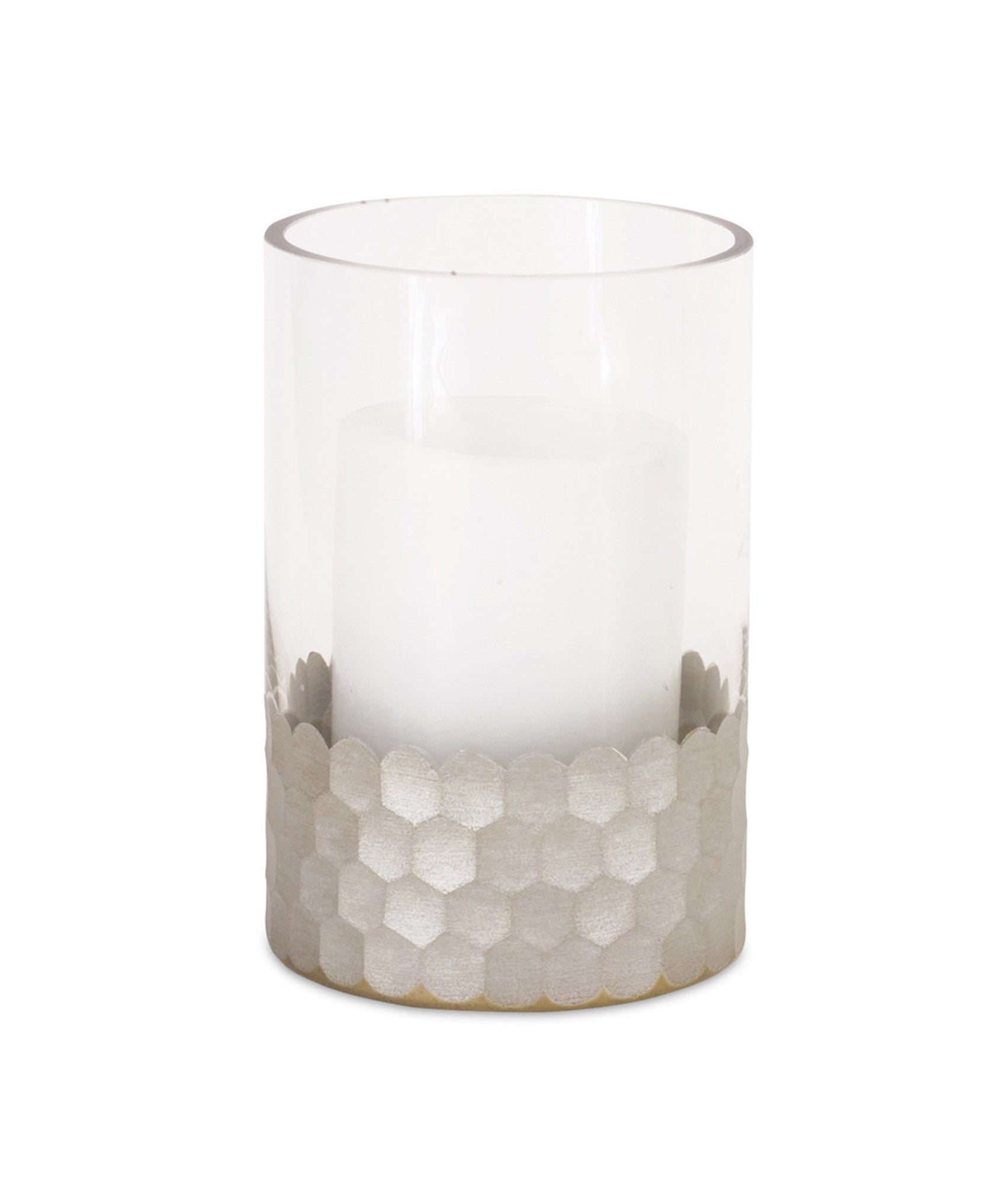 Set of Two Clear and Silver Glass Geometric Tabletop Pillar Candle Holders-Candle Holders-DECOROLALA