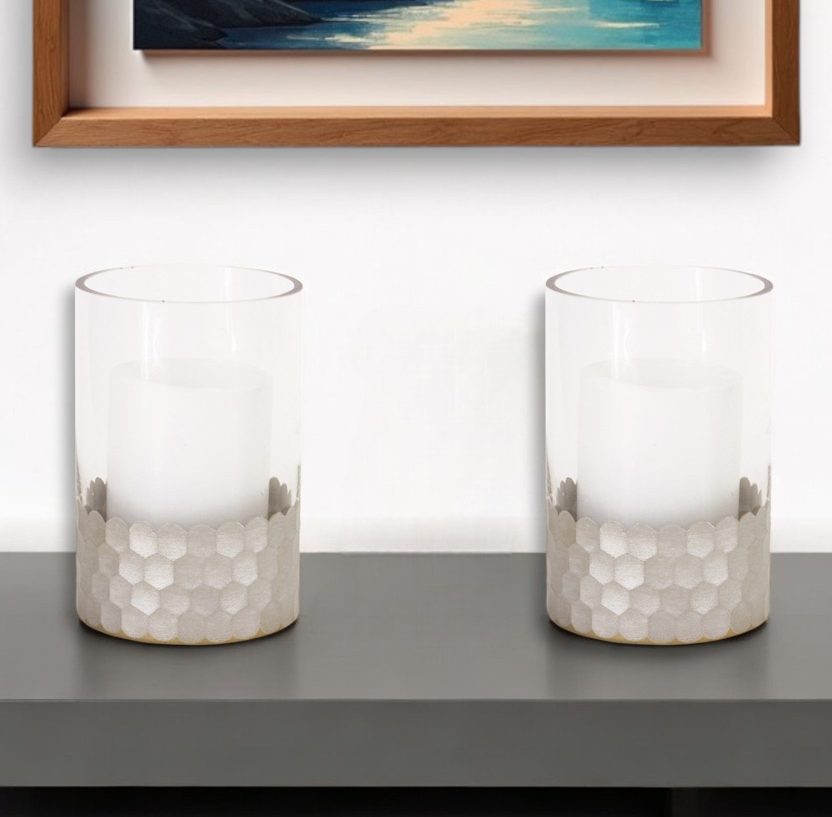 Set of Two Clear and Silver Glass Geometric Tabletop Pillar Candle Holders-Candle Holders-DECOROLALA