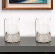 Set of Two Clear and Silver Glass Geometric Tabletop Pillar Candle Holders-Candle Holders-DECOROLALA