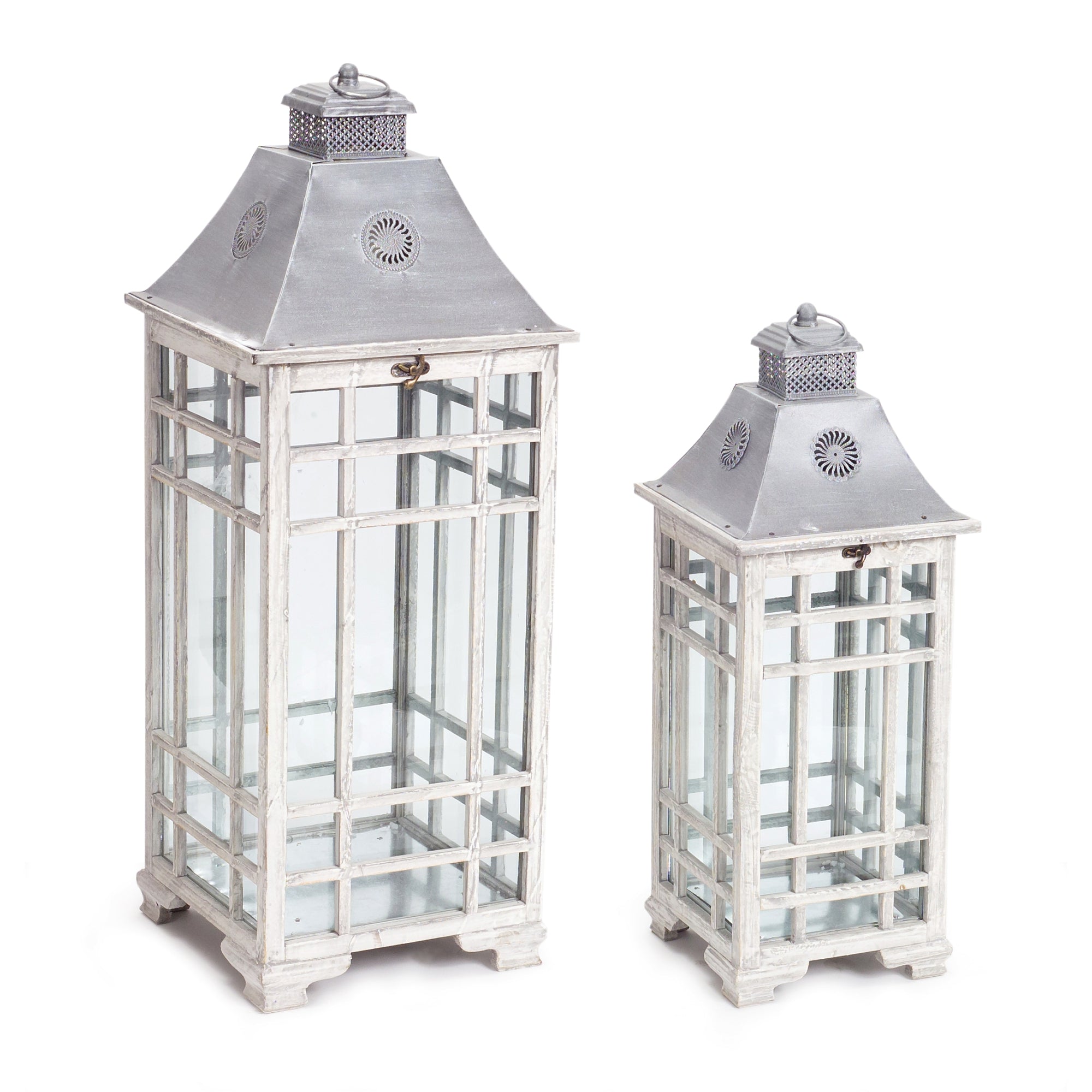 Set of Two White And Silver Distressed Geometric Metal Floor Lantern Candle Holders-Candle Holders-DECOROLALA