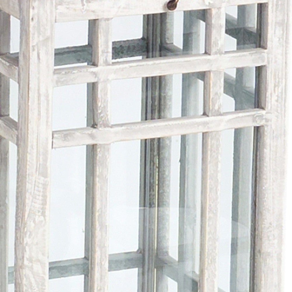 Set of Two White And Silver Distressed Geometric Metal Floor Lantern Candle Holders-Candle Holders-DECOROLALA
