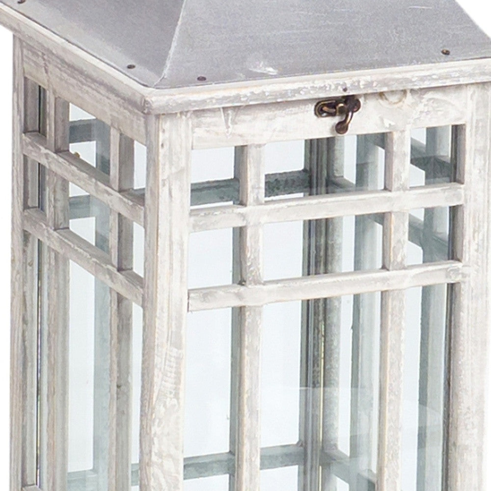 Set of Two White And Silver Distressed Geometric Metal Floor Lantern Candle Holders-Candle Holders-DECOROLALA