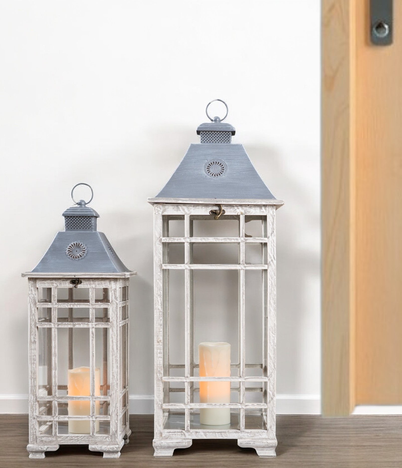 Set of Two White And Silver Distressed Geometric Metal Floor Lantern Candle Holders-Candle Holders-DECOROLALA