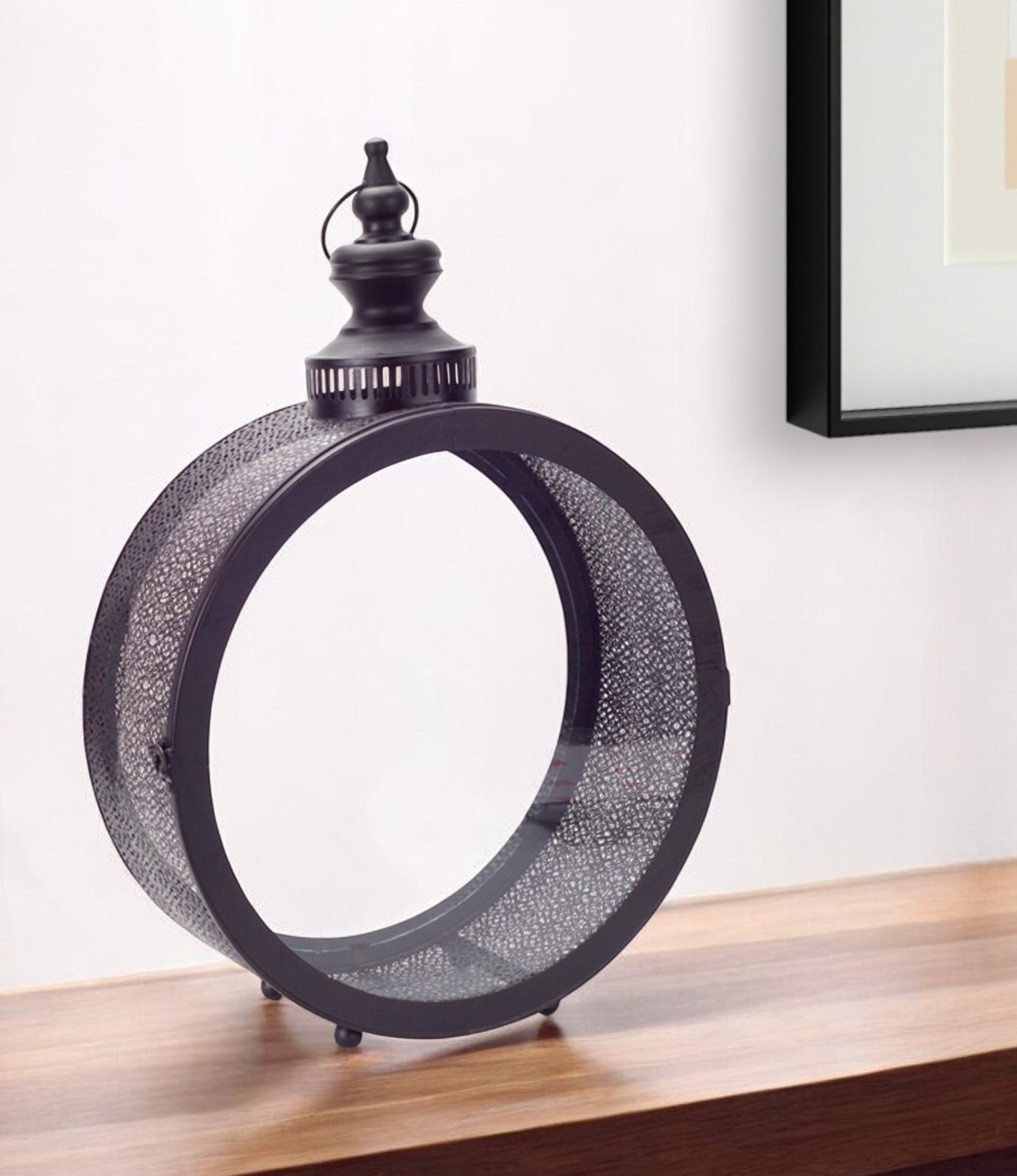 22" Black Distressed Ornate Metal Floor Lantern Candle Holder-Candle Holders-DECOROLALA