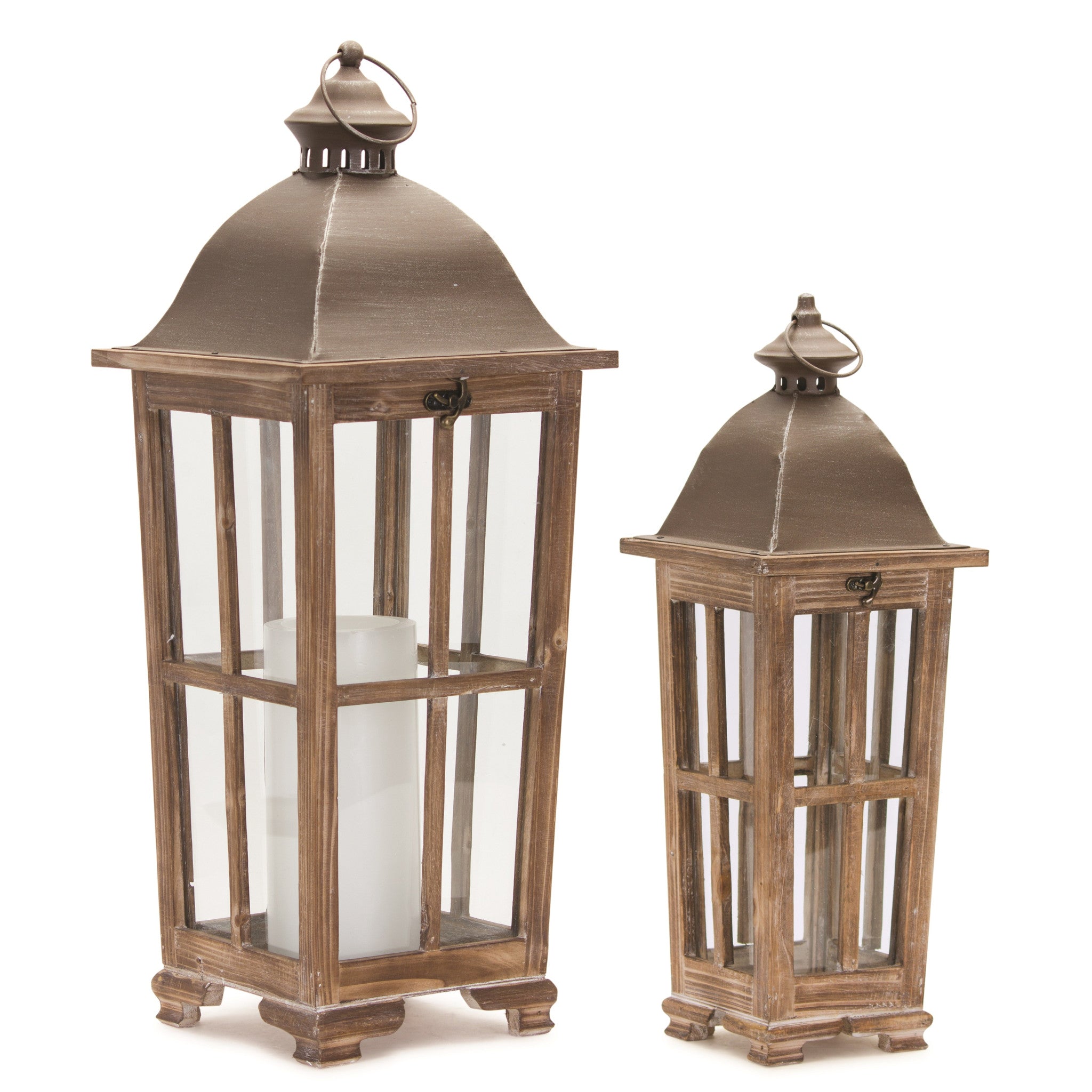 Set of Two Natural Distressed Ornate Solid Wood Tabletop Lantern Candle Holders-Candle Holders-DECOROLALA