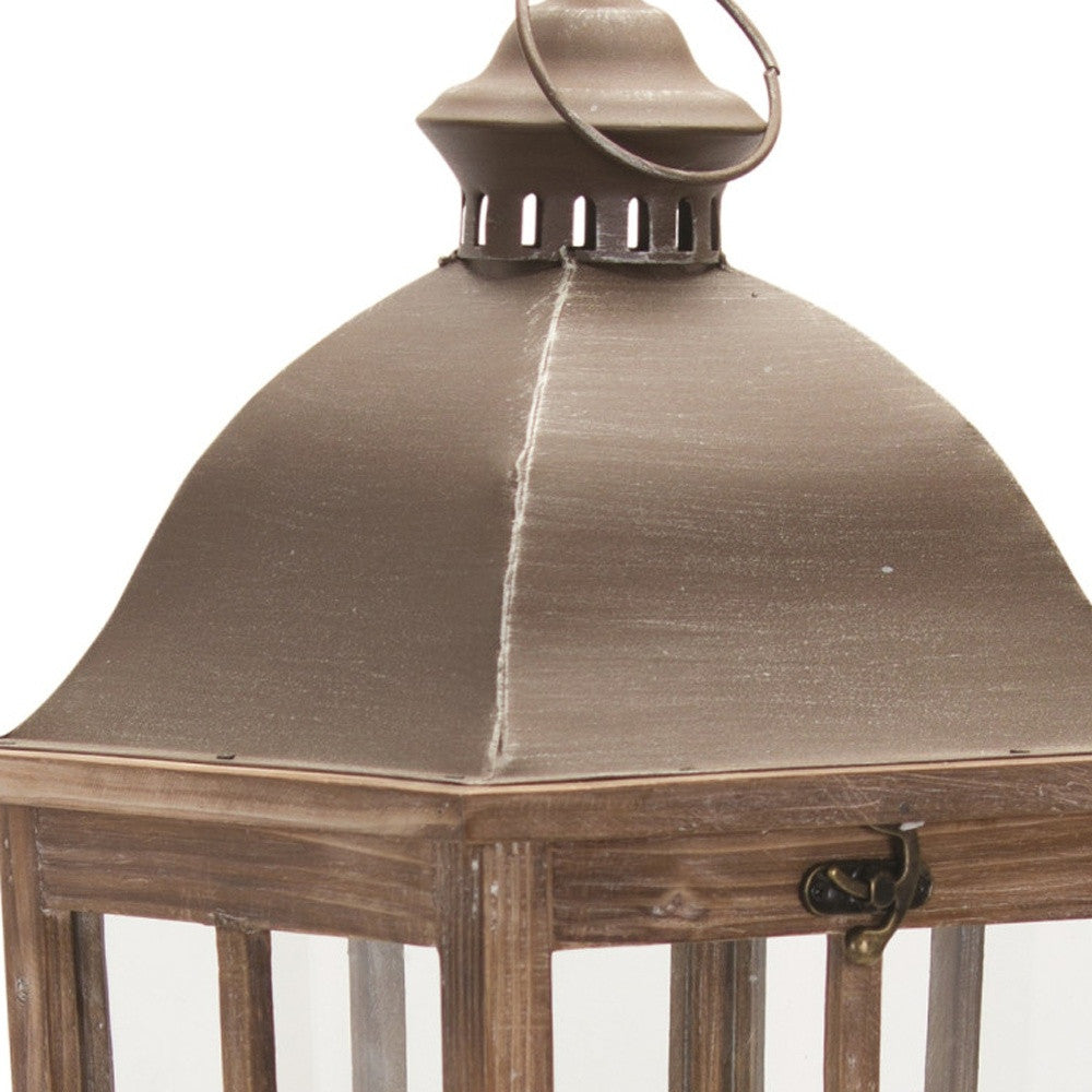 Set of Two Natural Distressed Ornate Solid Wood Tabletop Lantern Candle Holders-Candle Holders-DECOROLALA