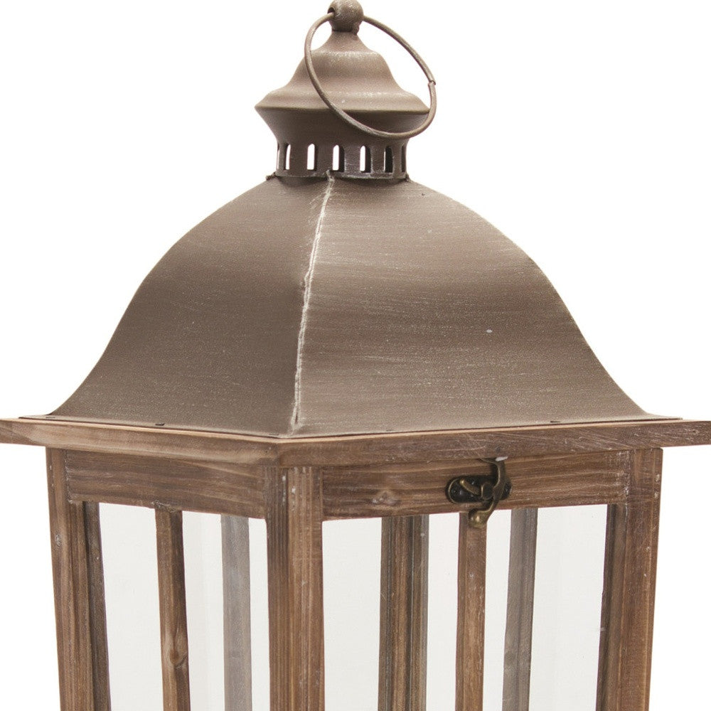 Set of Two Natural Distressed Ornate Solid Wood Tabletop Lantern Candle Holders-Candle Holders-DECOROLALA