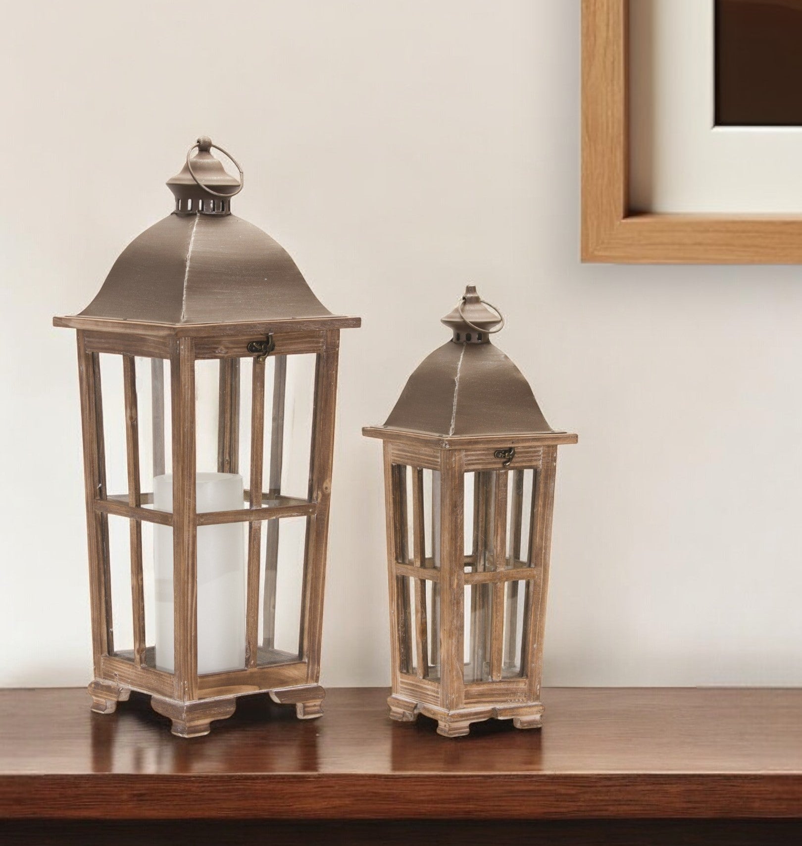 Set of Two Natural Distressed Ornate Solid Wood Tabletop Lantern Candle Holders-Candle Holders-DECOROLALA