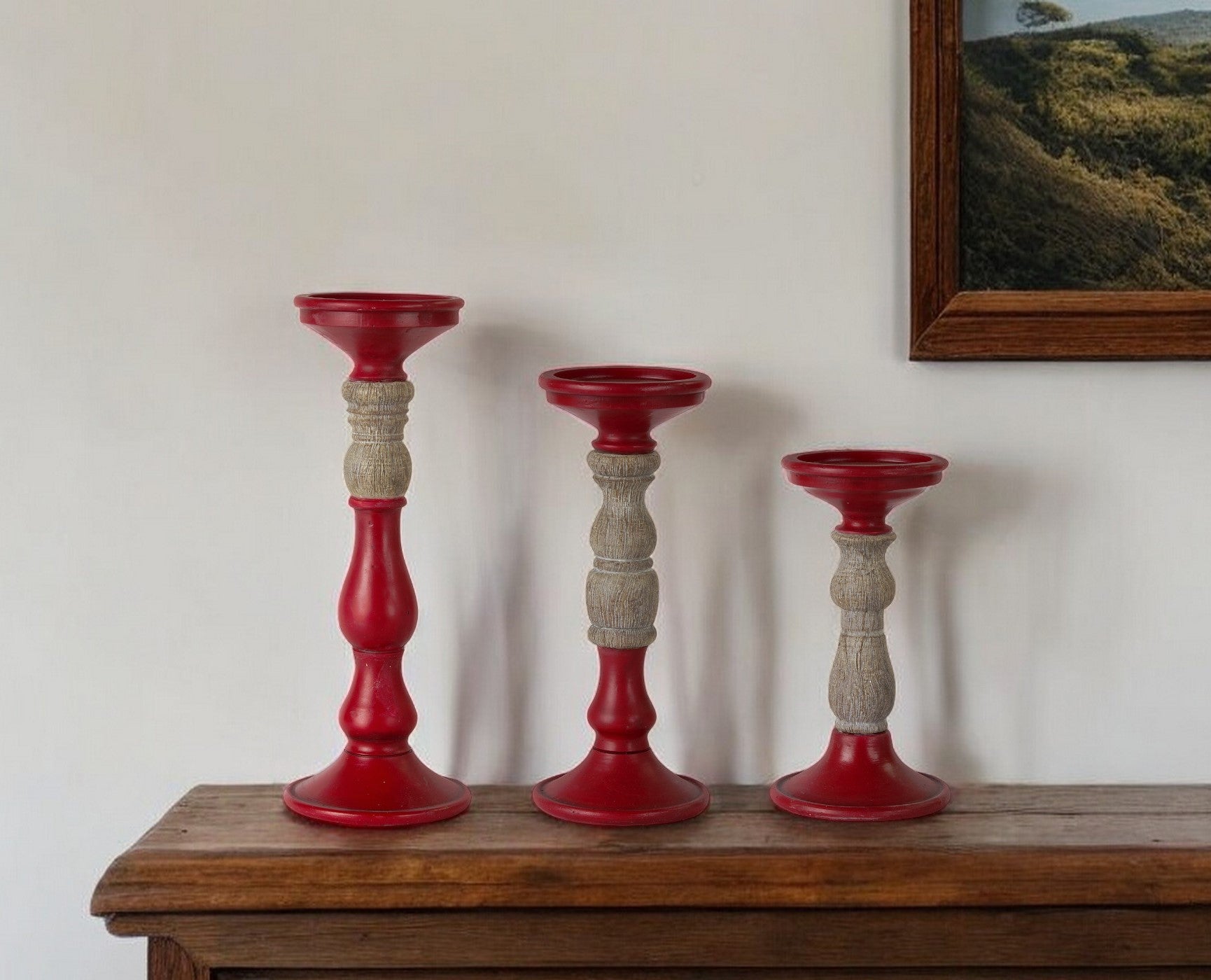Set of Three Red And Natural Ornate Resin Tabletop Pillar Candle Holders-Candle Holders-DECOROLALA