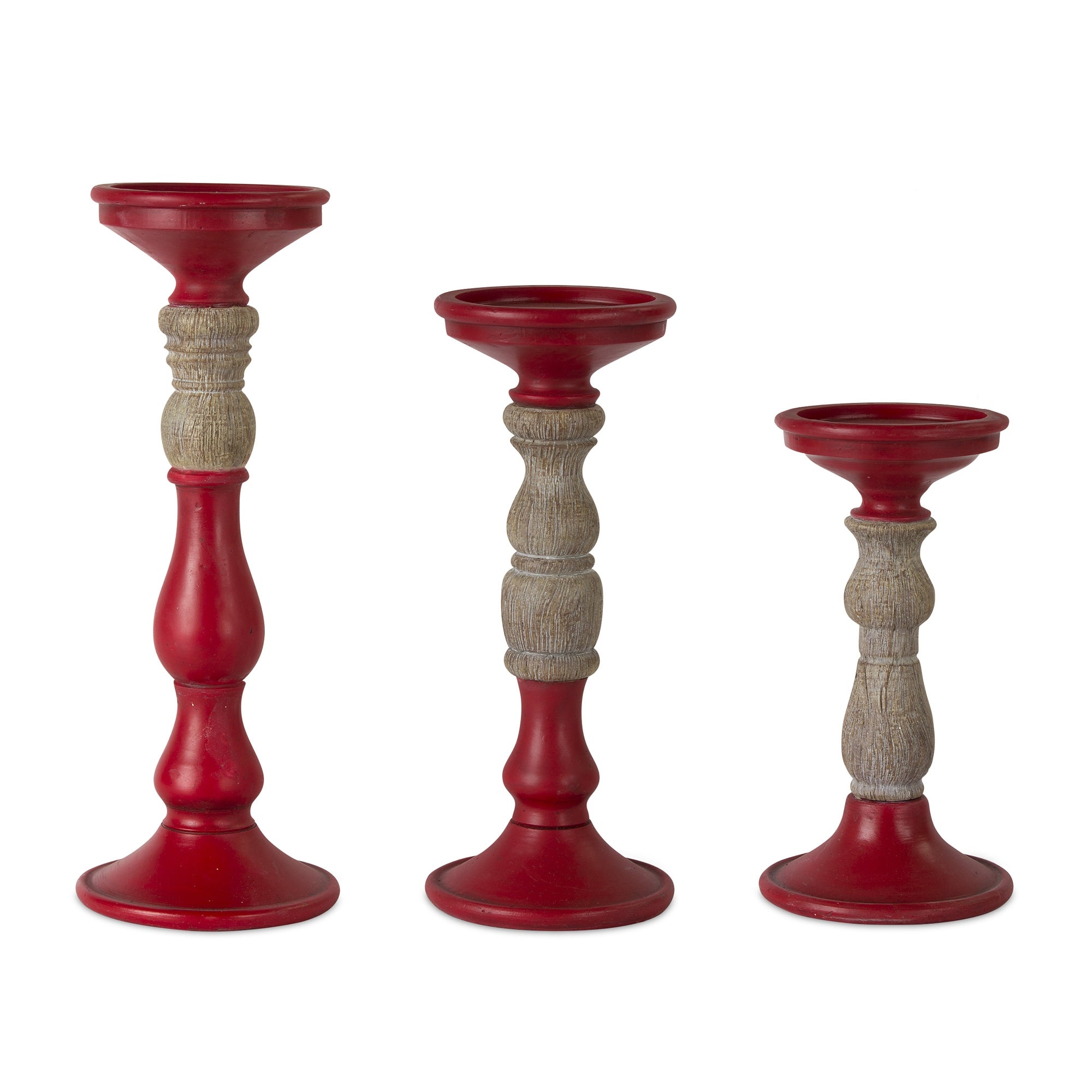 Set of Three Red And Natural Ornate Resin Tabletop Pillar Candle Holders-Candle Holders-DECOROLALA