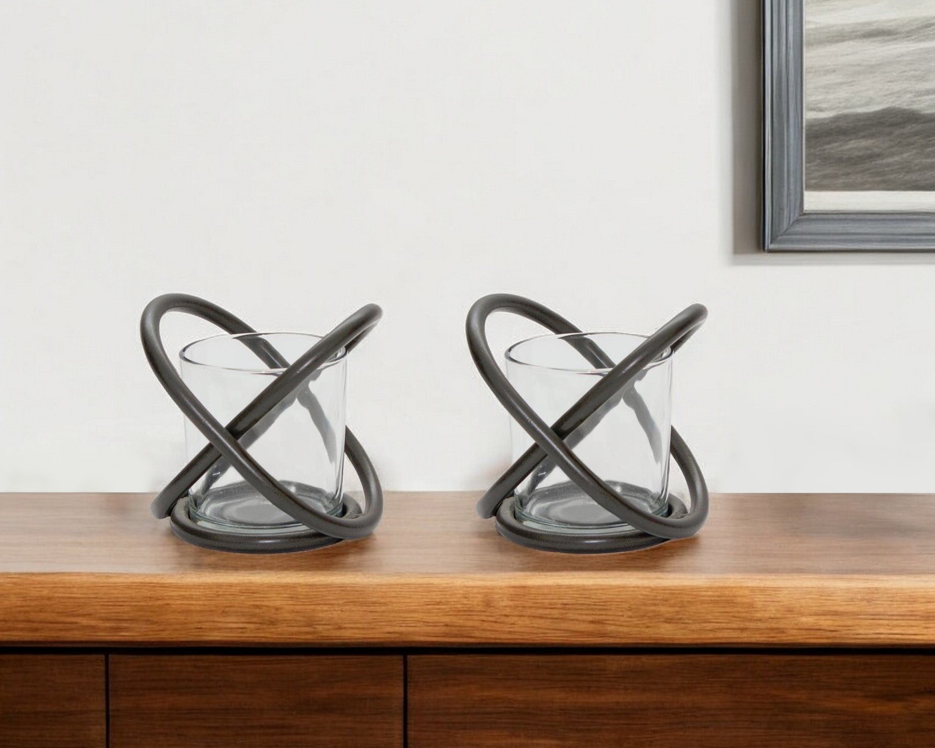 Set of Two Clear And Black Distressed Glass And Metal Tabletop Votive Candle Holders-Candle Holders-DECOROLALA