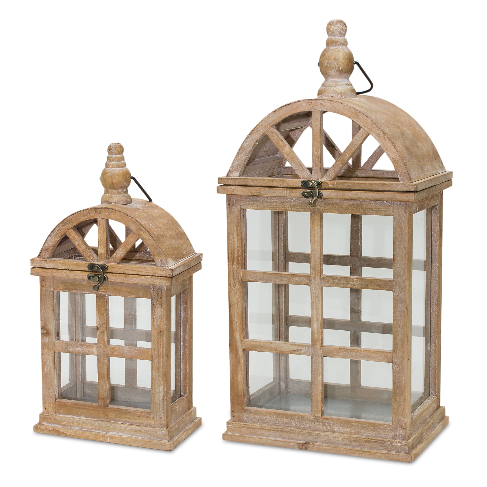 Set of Two Natural Distressed Geometric Wood And Glass Floor Lantern Candle Holders-Candle Holders-DECOROLALA