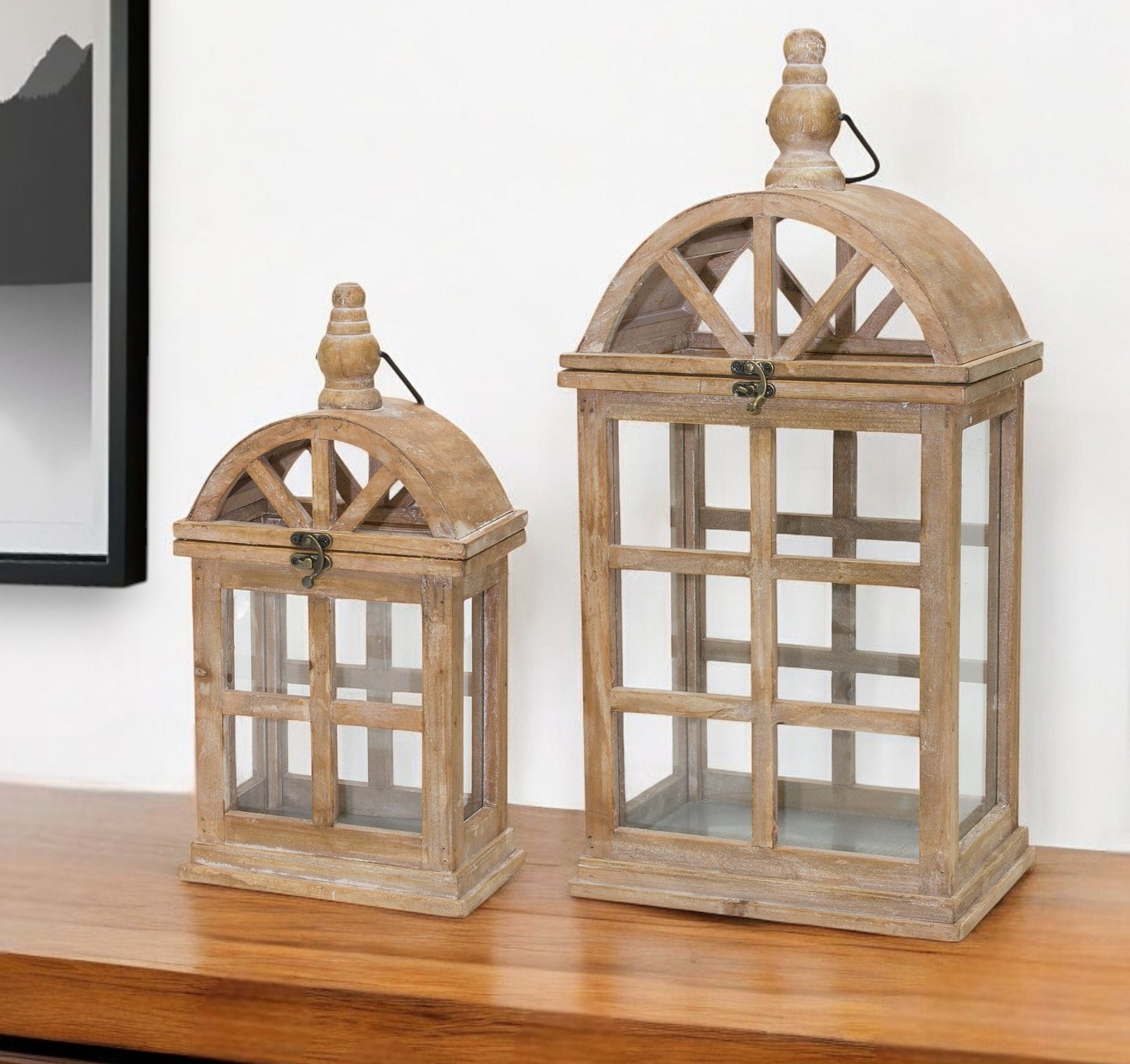 Set of Two Natural Distressed Geometric Wood And Glass Floor Lantern Candle Holders-Candle Holders-DECOROLALA