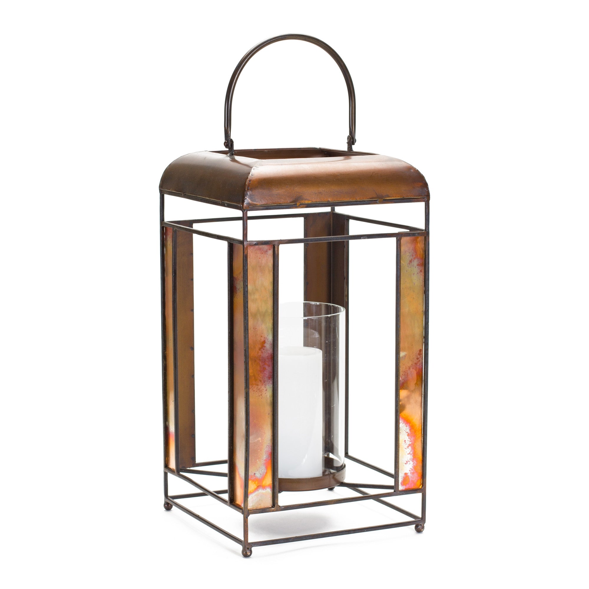 17" Bronze Distressed Geometric Metal And Glass Tabletop Lantern Candle Holder-Candle Holders-DECOROLALA
