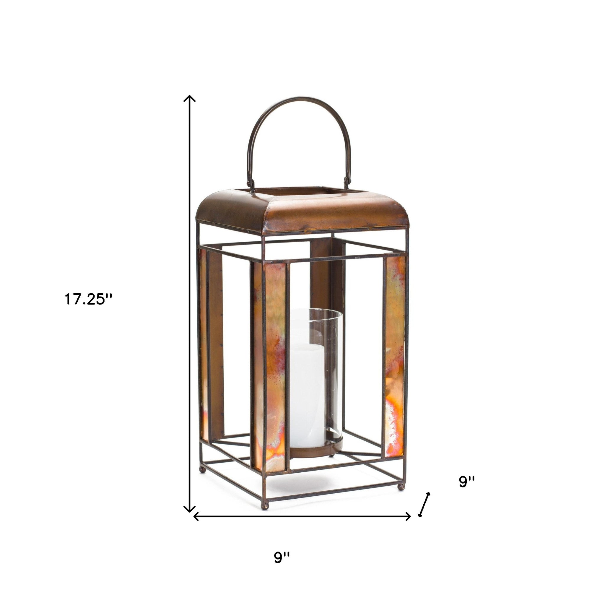 17" Bronze Distressed Geometric Metal And Glass Tabletop Lantern Candle Holder-Candle Holders-DECOROLALA