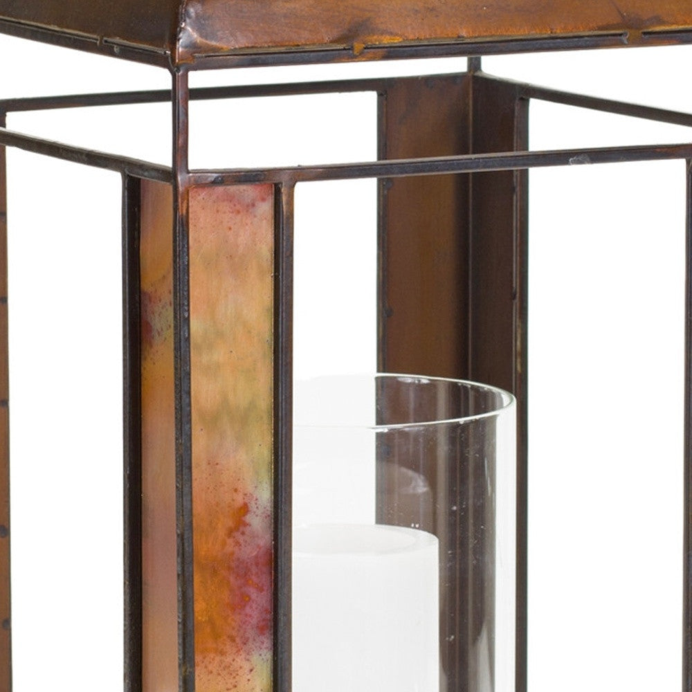 17" Bronze Distressed Geometric Metal And Glass Tabletop Lantern Candle Holder-Candle Holders-DECOROLALA