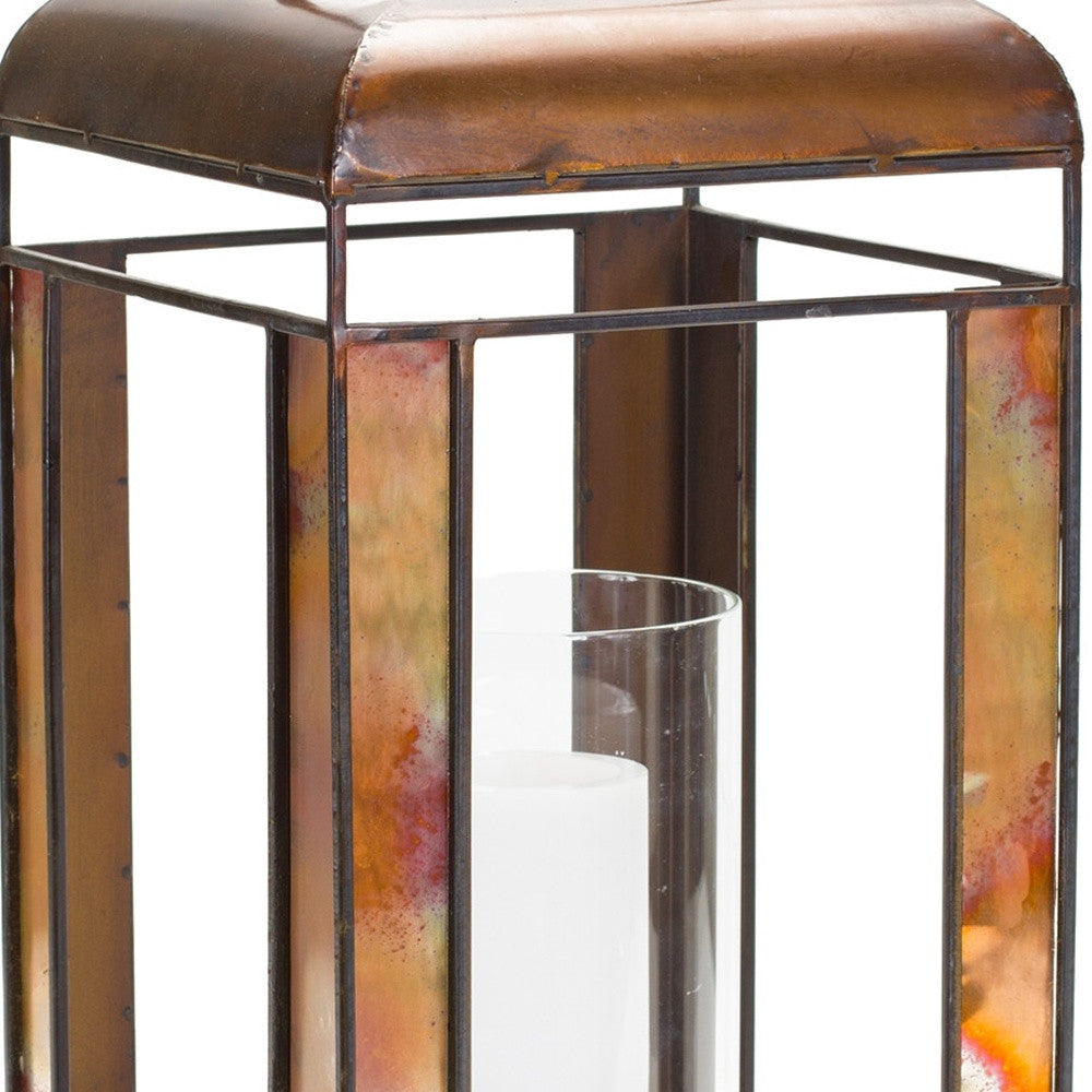 17" Bronze Distressed Geometric Metal And Glass Tabletop Lantern Candle Holder-Candle Holders-DECOROLALA