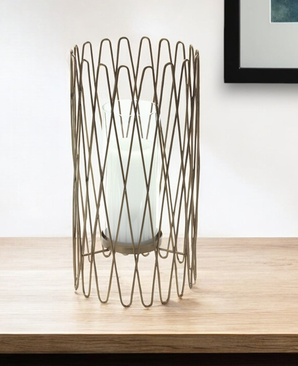 14" Gold Iron and Glass Tabletop Hurricane Candle Holder-Candle Holders-DECOROLALA