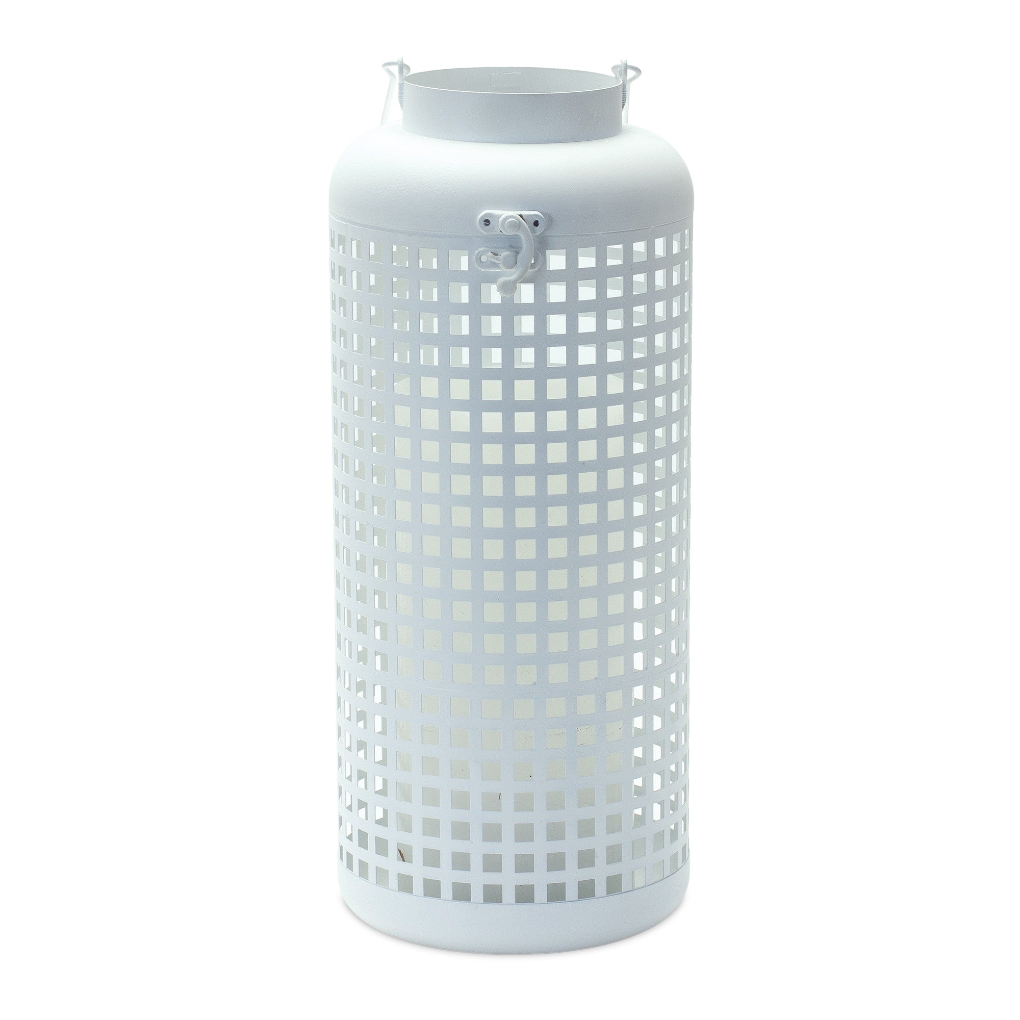 14" White Distressed Lattice Iron Floor Lantern Candle Holder-Candle Holders-DECOROLALA